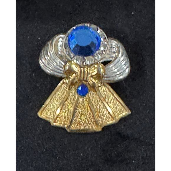None Jewelry - Vintage Angel Pin Gold & Silver Tone Blue Rhinestones Christmas Brooch CP152